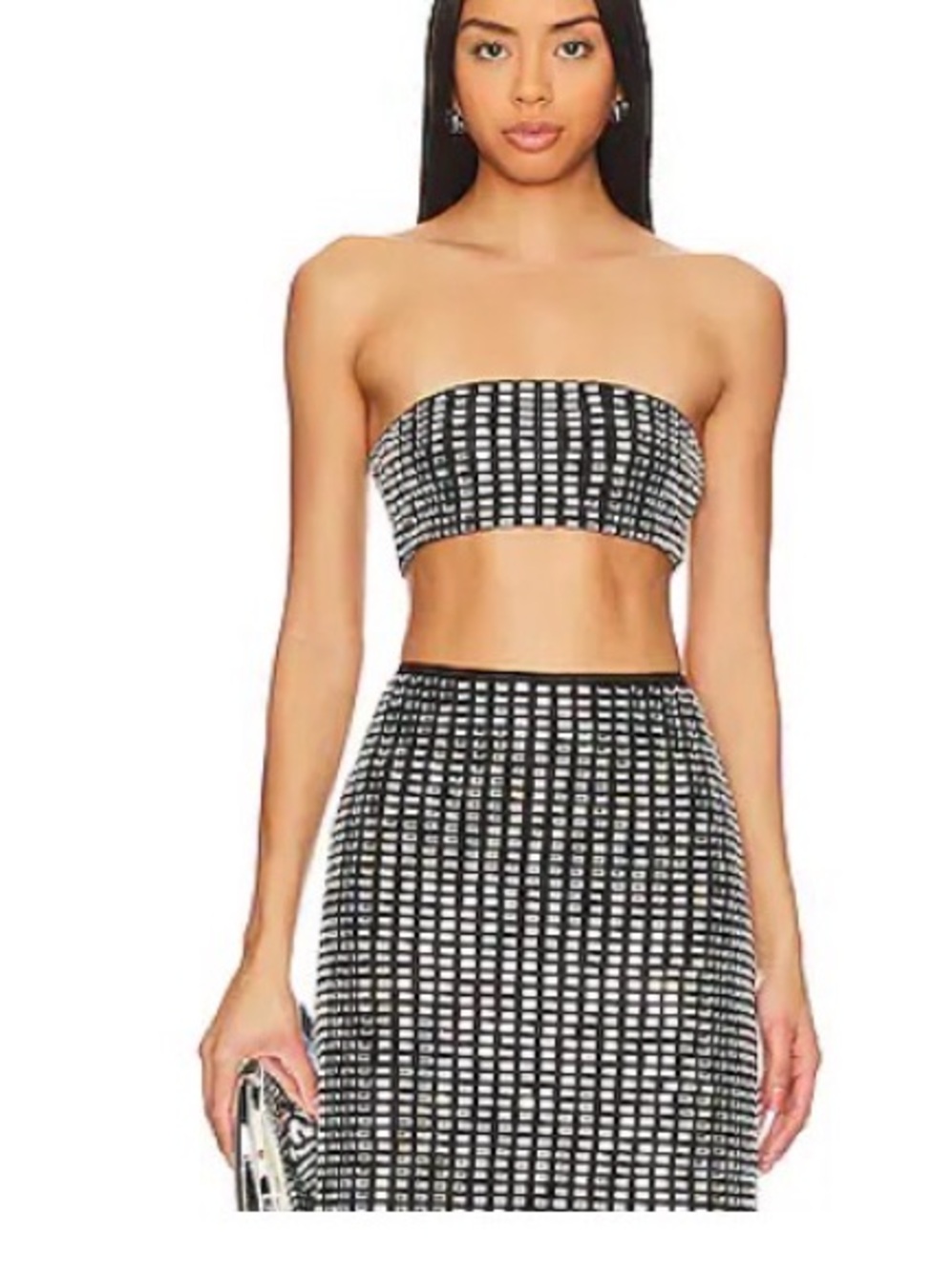 WeWoreWhat Black & Crystal Strapless Bandeau & Midi Skirt Set